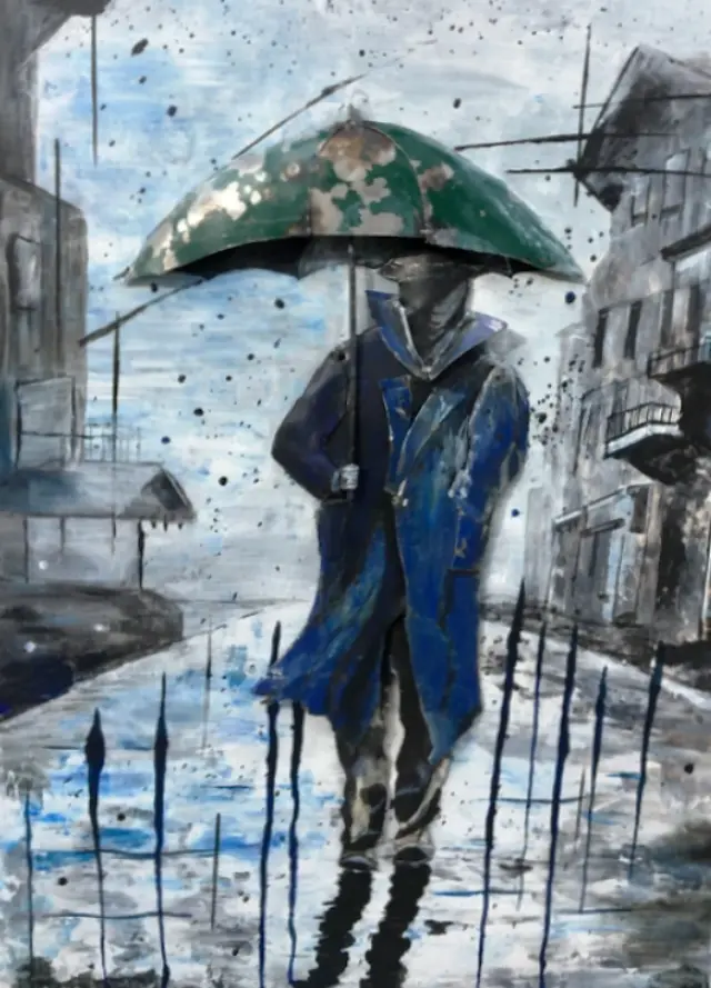 homme au parapluie L'homme au parapluie - Peinture acrylique sr bois, incrustation tôle en relief. 60 X 40
