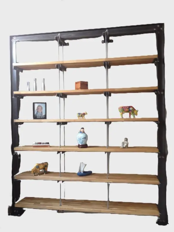 Grande bibliothèque - Réalisée avec IPM acier brut vernis, étagères lamélé collé sur tiges filetées